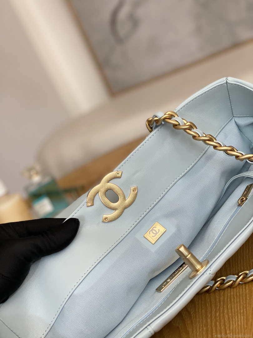Chanel 19 Shopping Bag Shiny Lambskin AS3660 Gold-Tone Silver-Tone & Ruthenium-Finish Metal Light Blue