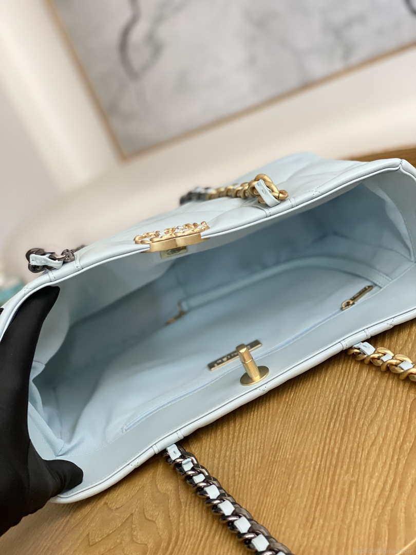 Chanel 19 Shopping Bag Shiny Lambskin AS3660 Gold-Tone Silver-Tone & Ruthenium-Finish Metal Light Blue