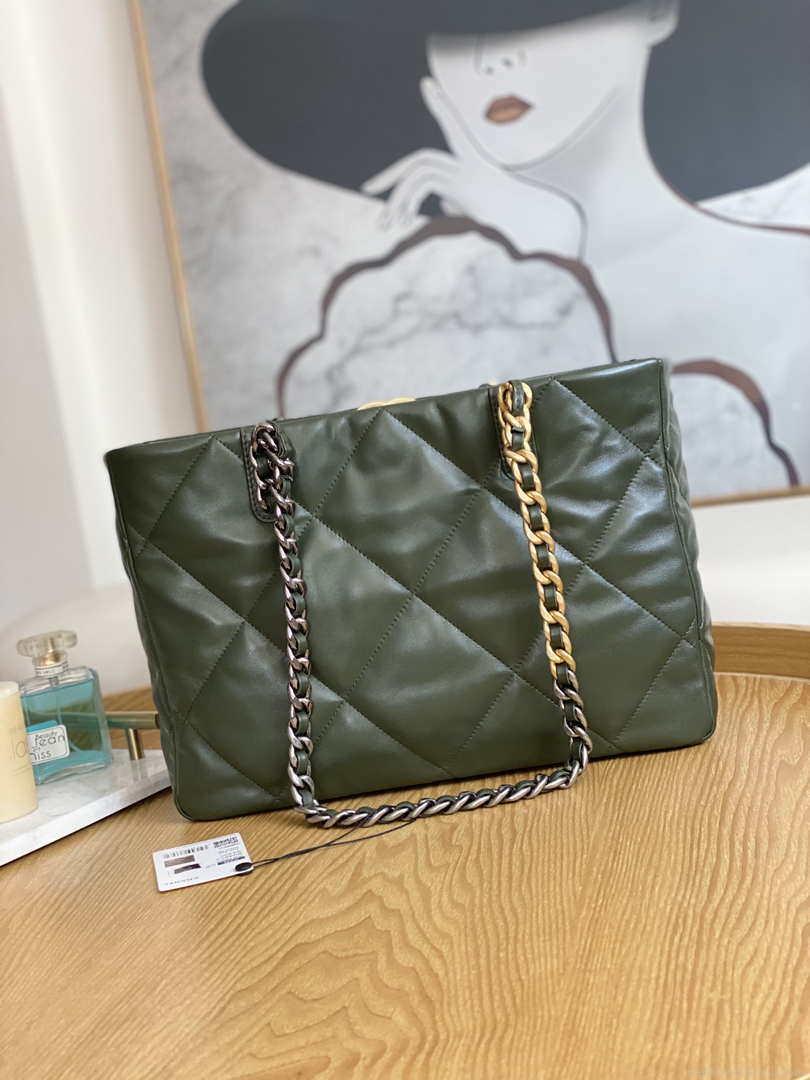 Chanel 19 Shopping Bag Shiny Lambskin AS3660 Gold-Tone Silver-Tone & Ruthenium-Finish Metal Dark Green
