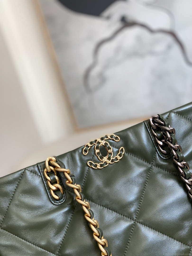 Chanel 19 Shopping Bag Shiny Lambskin AS3660 Gold-Tone Silver-Tone & Ruthenium-Finish Metal Dark Green