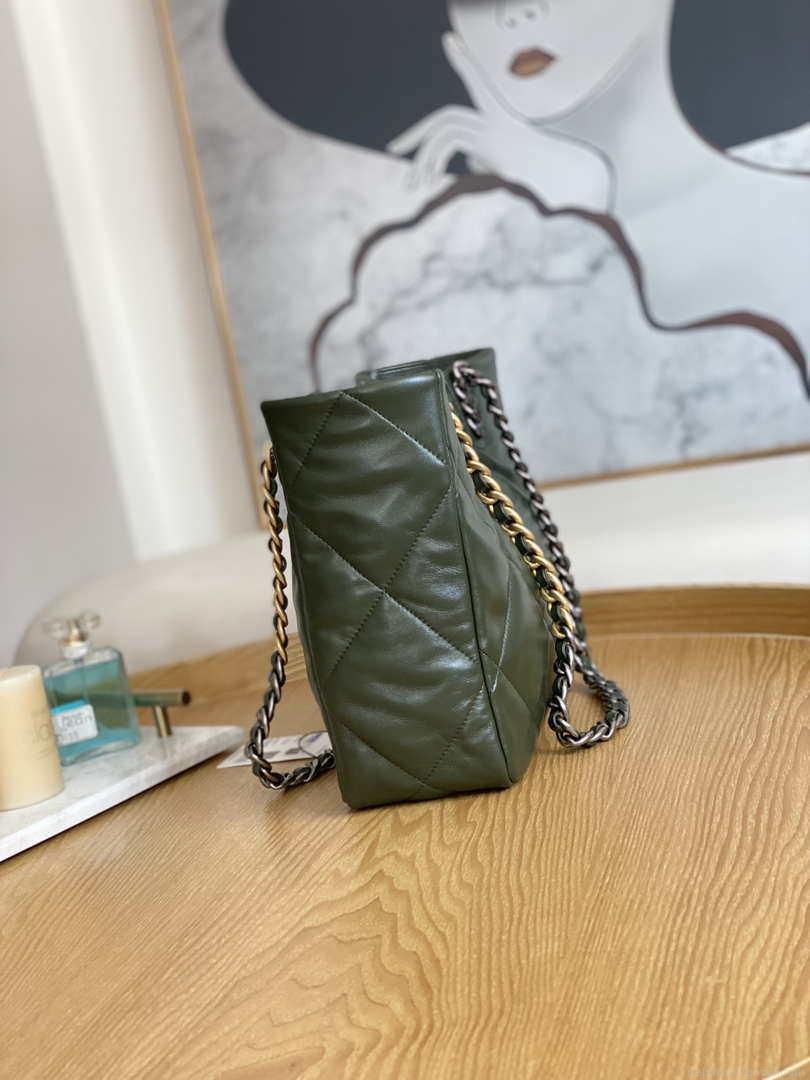 Chanel 19 Shopping Bag Shiny Lambskin AS3660 Gold-Tone Silver-Tone & Ruthenium-Finish Metal Dark Green