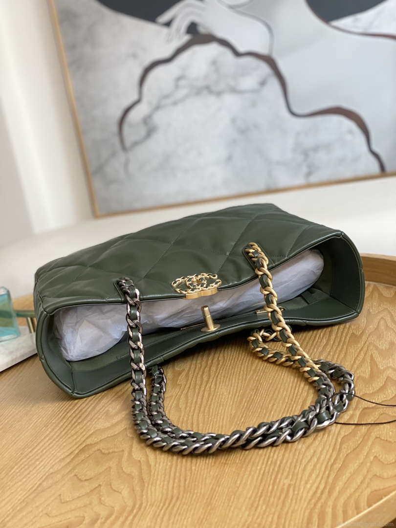Chanel 19 Shopping Bag Shiny Lambskin AS3660 Gold-Tone Silver-Tone & Ruthenium-Finish Metal Dark Green