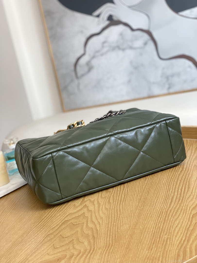 Chanel 19 Shopping Bag Shiny Lambskin AS3660 Gold-Tone Silver-Tone & Ruthenium-Finish Metal Dark Green