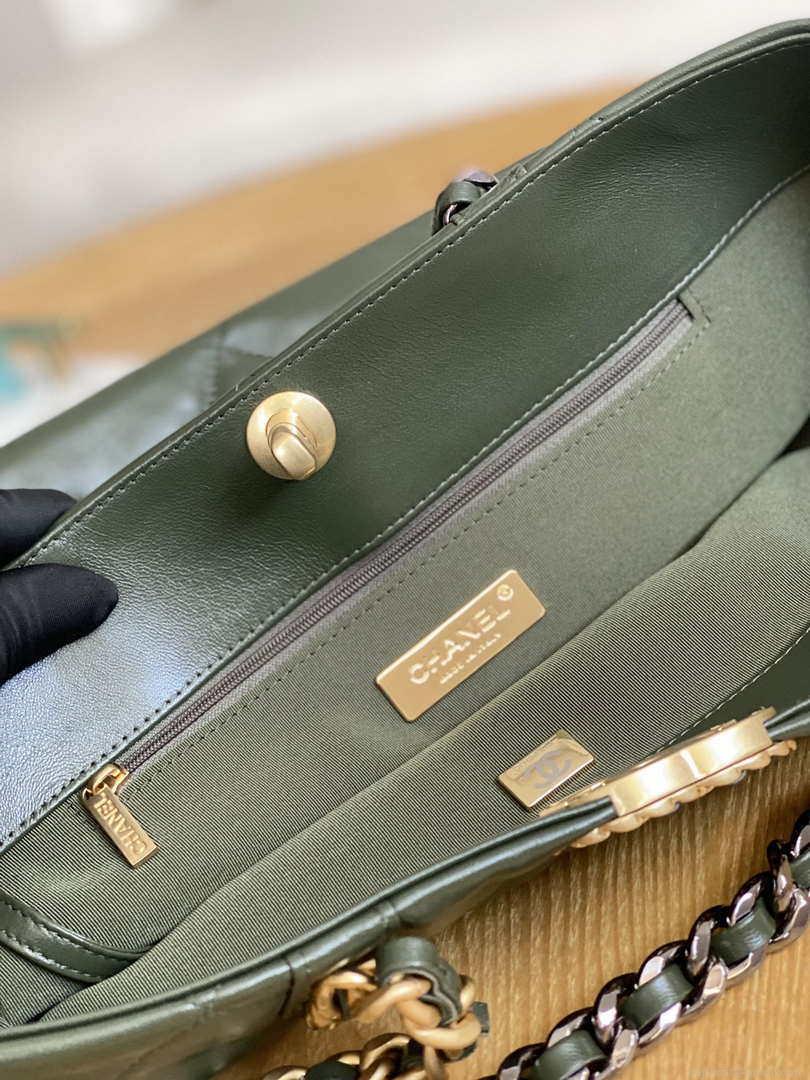 Chanel 19 Shopping Bag Shiny Lambskin AS3660 Gold-Tone Silver-Tone & Ruthenium-Finish Metal Dark Green