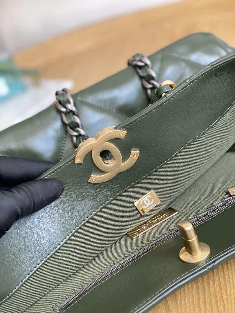 Chanel 19 Shopping Bag Shiny Lambskin AS3660 Gold-Tone Silver-Tone & Ruthenium-Finish Metal Dark Green
