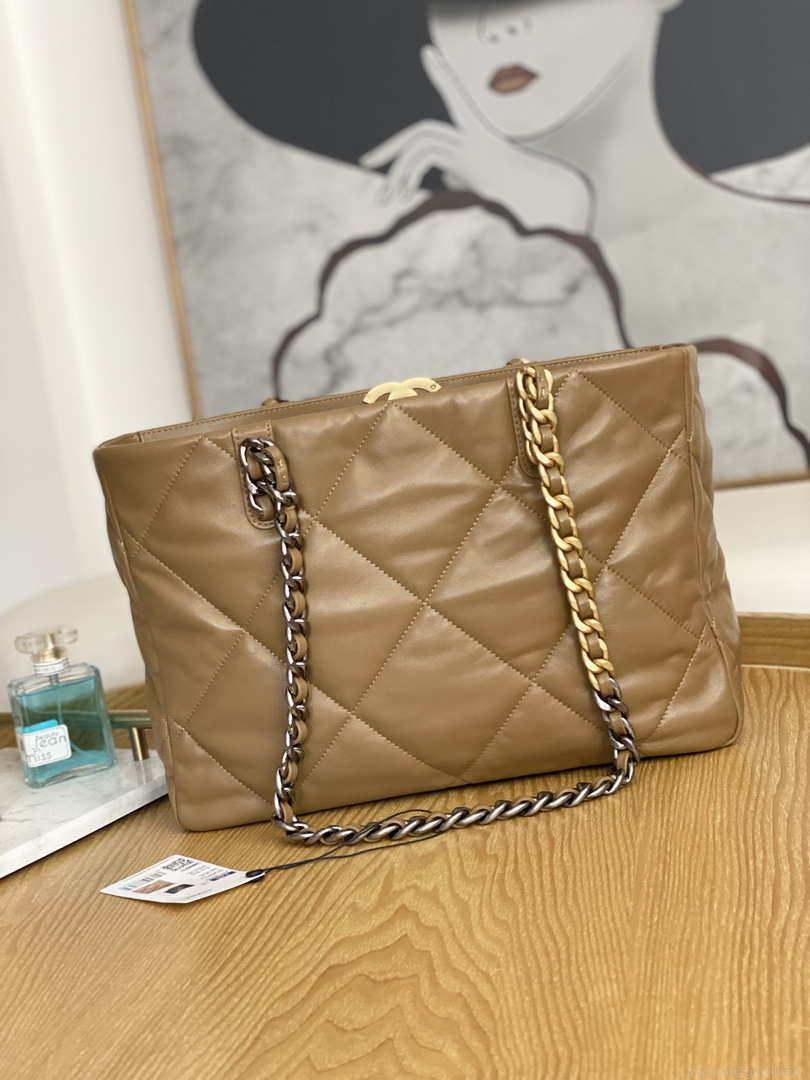 Chanel 19 Shopping Bag Shiny Lambskin AS3660 Gold-Tone Silver-Tone & Ruthenium-Finish Metal Tan