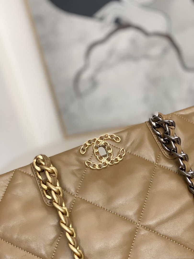 Chanel 19 Shopping Bag Shiny Lambskin AS3660 Gold-Tone Silver-Tone & Ruthenium-Finish Metal Tan