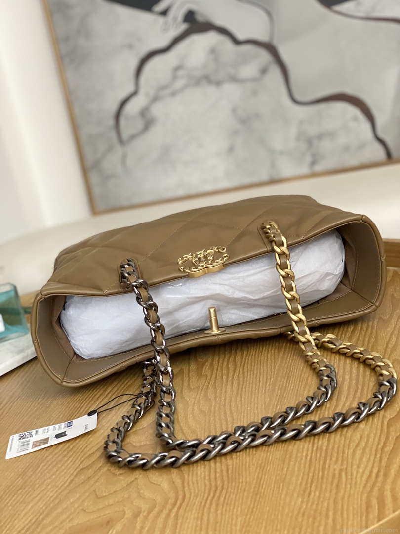 Chanel 19 Shopping Bag Shiny Lambskin AS3660 Gold-Tone Silver-Tone & Ruthenium-Finish Metal Tan
