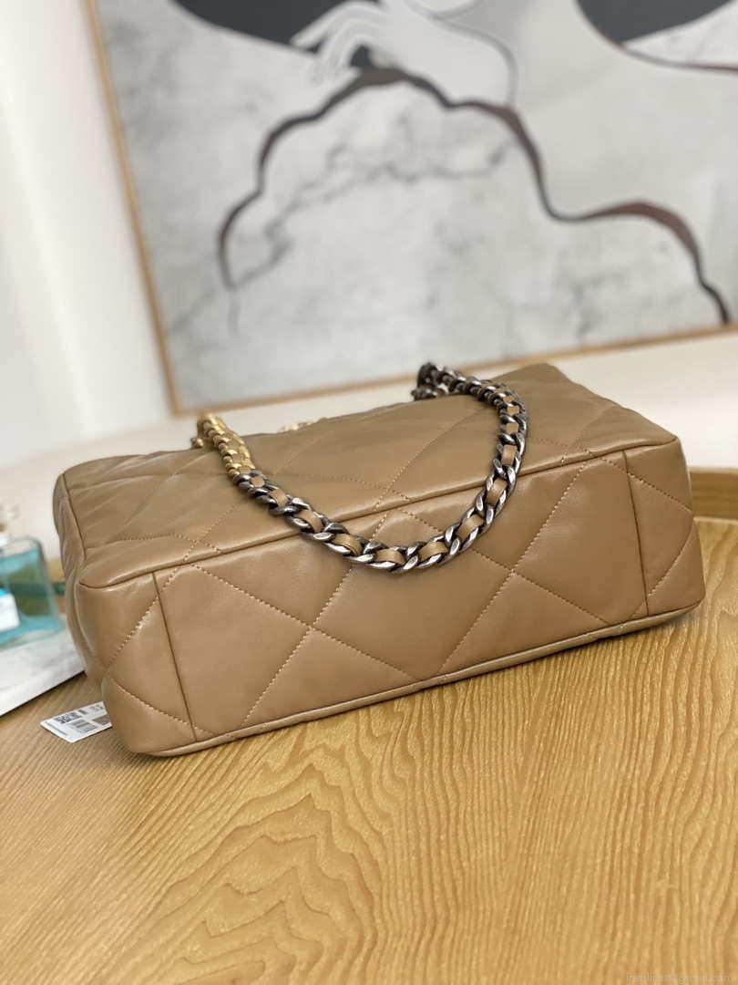 Chanel 19 Shopping Bag Shiny Lambskin AS3660 Gold-Tone Silver-Tone & Ruthenium-Finish Metal Tan