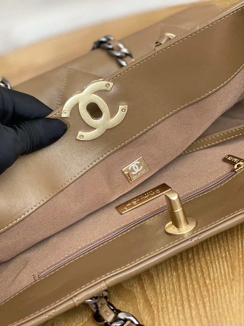 Chanel 19 Shopping Bag Shiny Lambskin AS3660 Gold-Tone Silver-Tone & Ruthenium-Finish Metal Tan