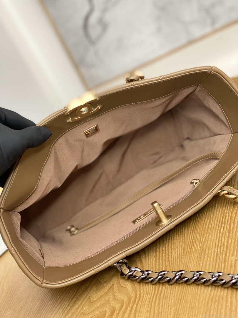 Chanel 19 Shopping Bag Shiny Lambskin AS3660 Gold-Tone Silver-Tone & Ruthenium-Finish Metal Tan