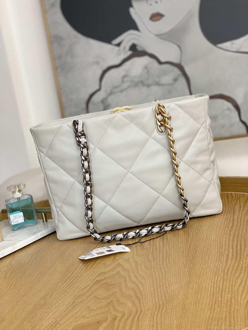 Chanel 19 Shopping Bag Shiny Lambskin AS3660 Gold-Tone Silver-Tone & Ruthenium-Finish Metal Light Gray