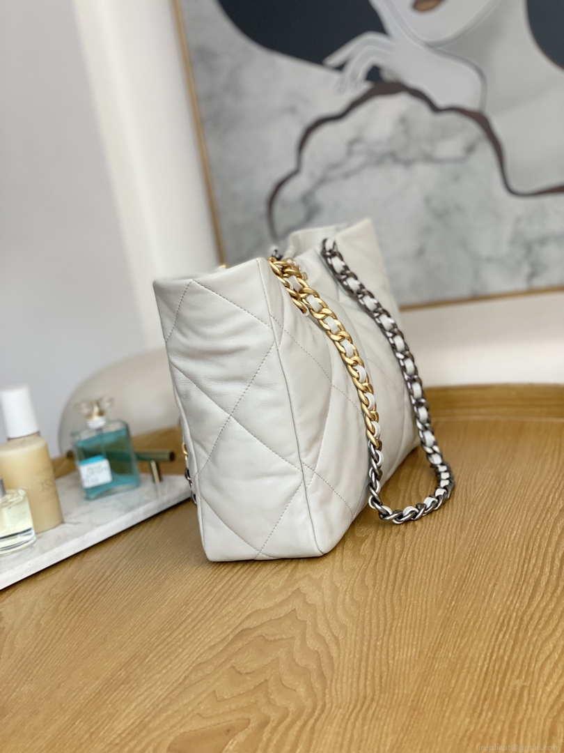 Chanel 19 Shopping Bag Shiny Lambskin AS3660 Gold-Tone Silver-Tone & Ruthenium-Finish Metal Light Gray