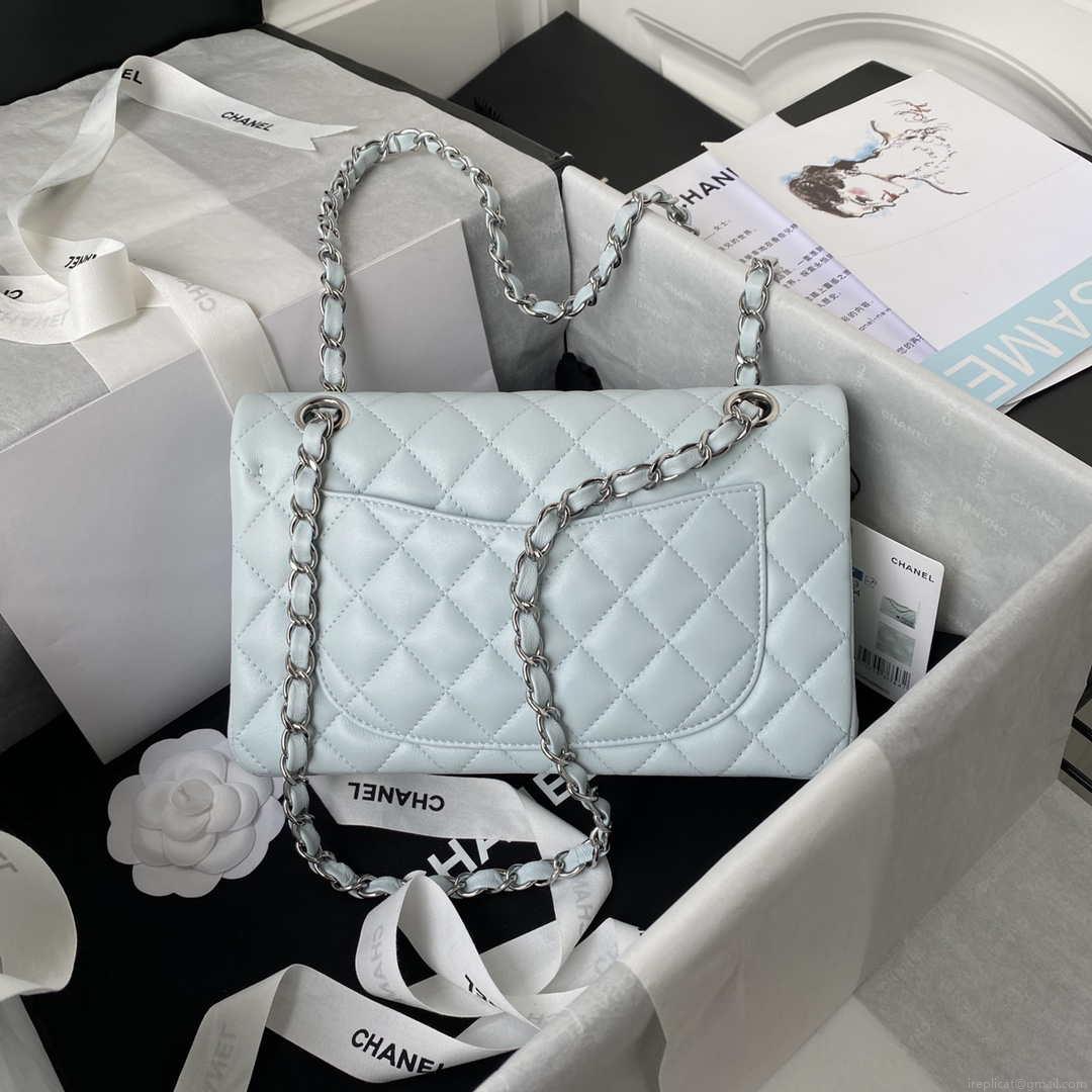 Chanel A01113 Flap Handbag Classic Bag Lambskin Light Blue Silver