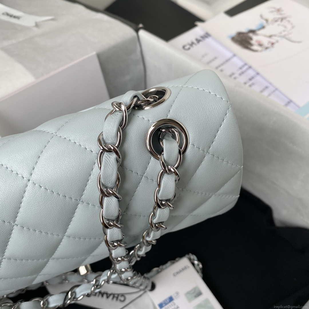 Chanel A01113 Flap Handbag Classic Bag Lambskin Light Blue Silver