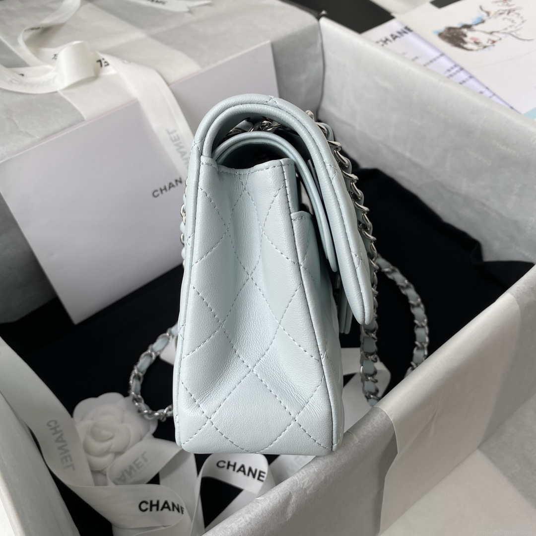 Chanel A01113 Flap Handbag Classic Bag Lambskin Light Blue Silver
