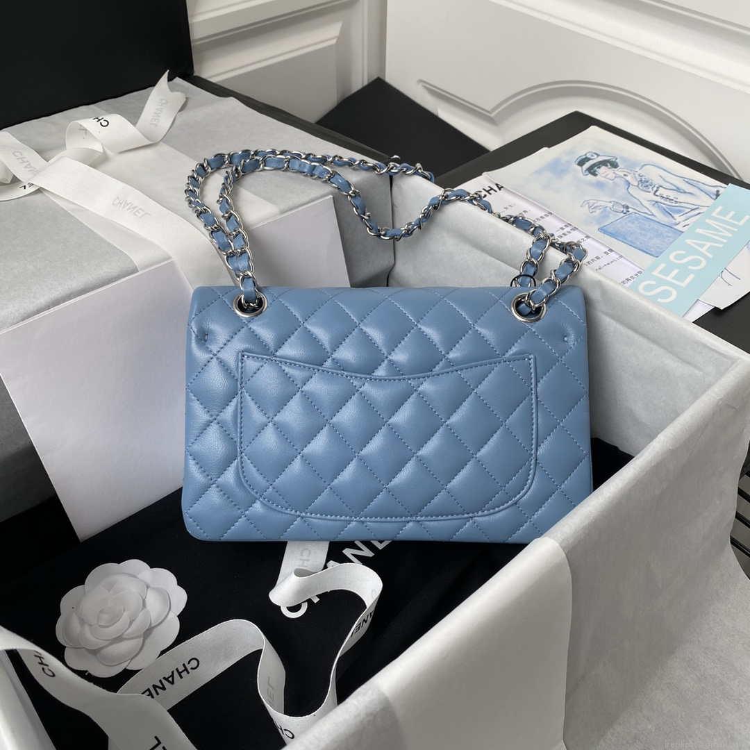 Chanel A01113 Flap Handbag Classic Bag Lambskin Sky Blue Silver
