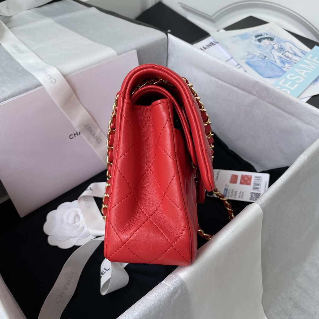 Chanel A01113 Flap Handbag Classic Bag Red Lambskin Gold