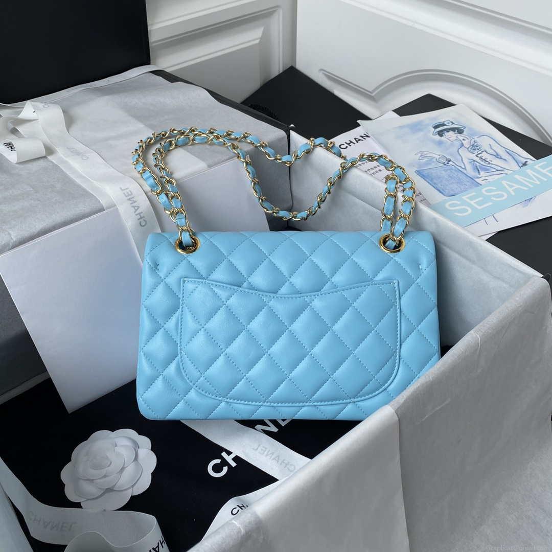 Chanel A01113 Flap Handbag Classic Bag Lake Blue Lambskin Gold