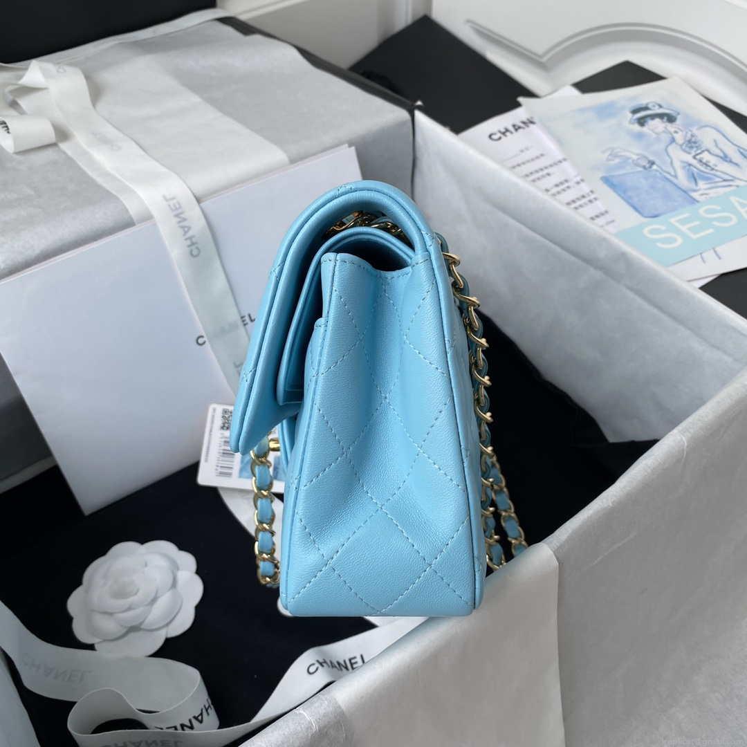 Chanel A01113 Flap Handbag Classic Bag Lake Blue Lambskin Gold