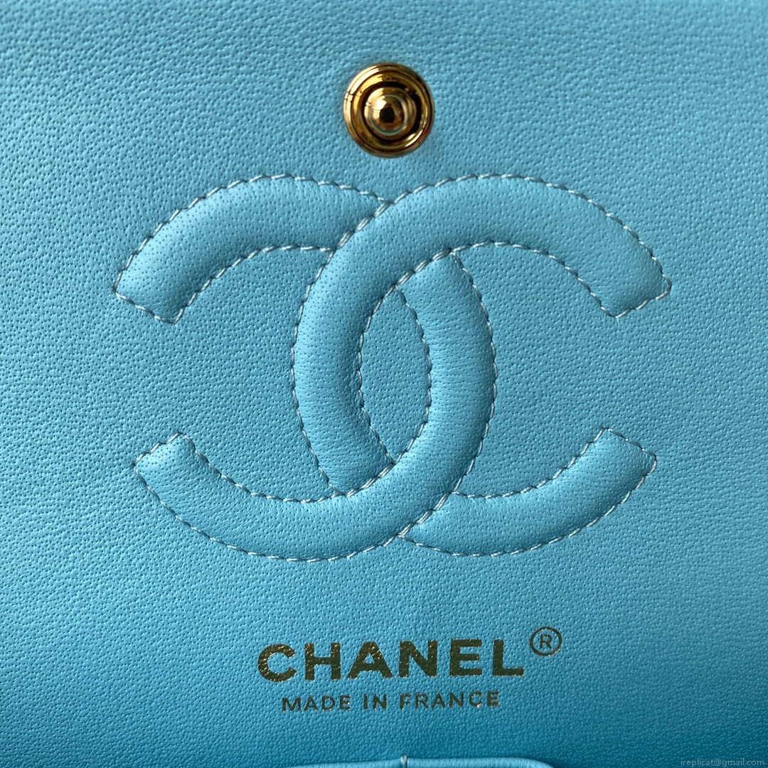 Chanel A01113 Flap Handbag Classic Bag Lake Blue Lambskin Gold
