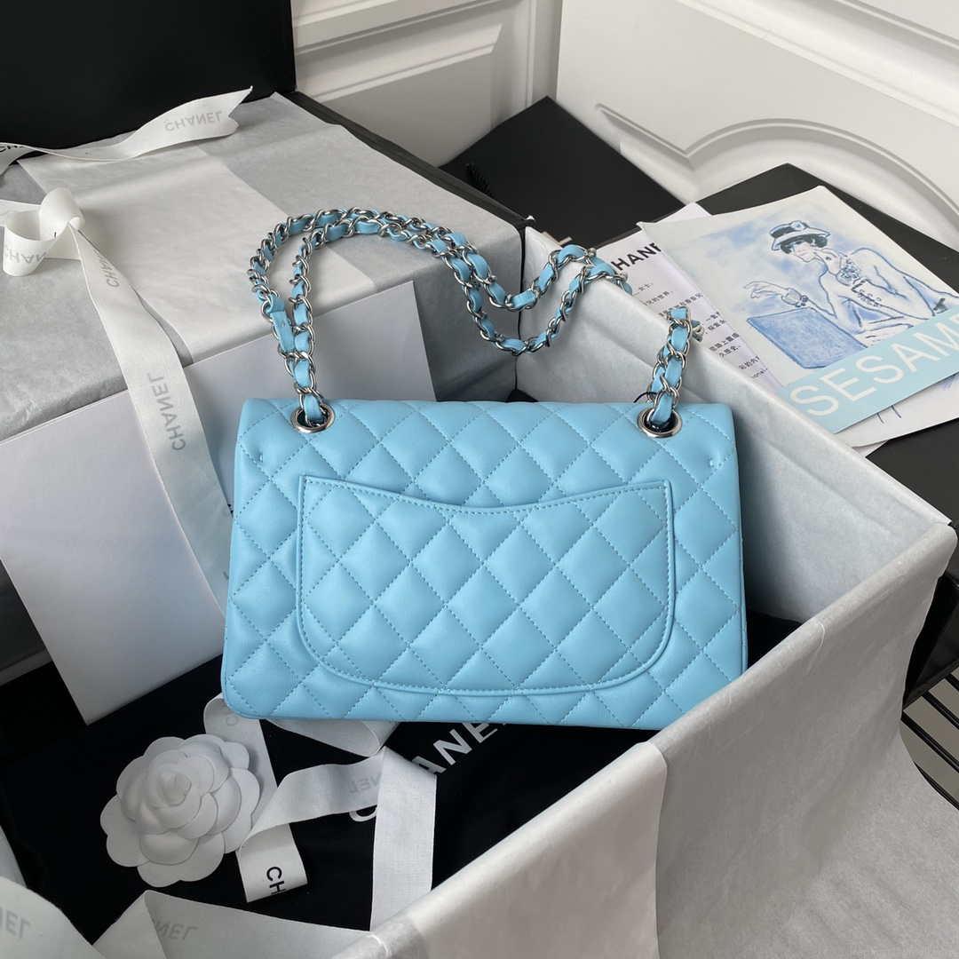 Chanel A01113 Flap Handbag Classic Bag Lake Blue Lambskin Silver