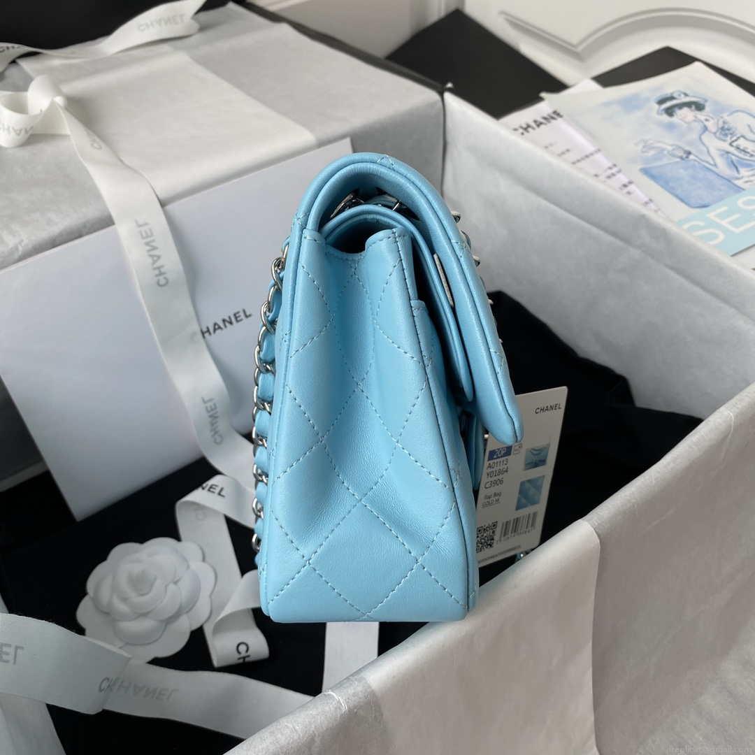Chanel A01113 Flap Handbag Classic Bag Lake Blue Lambskin Silver