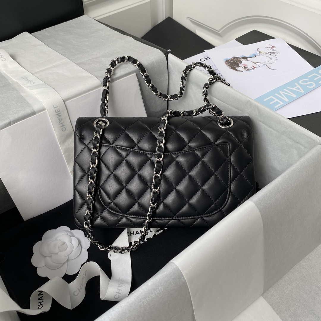 Chanel A01113 Flap Handbag Classic Bag Black Lambskin Silver