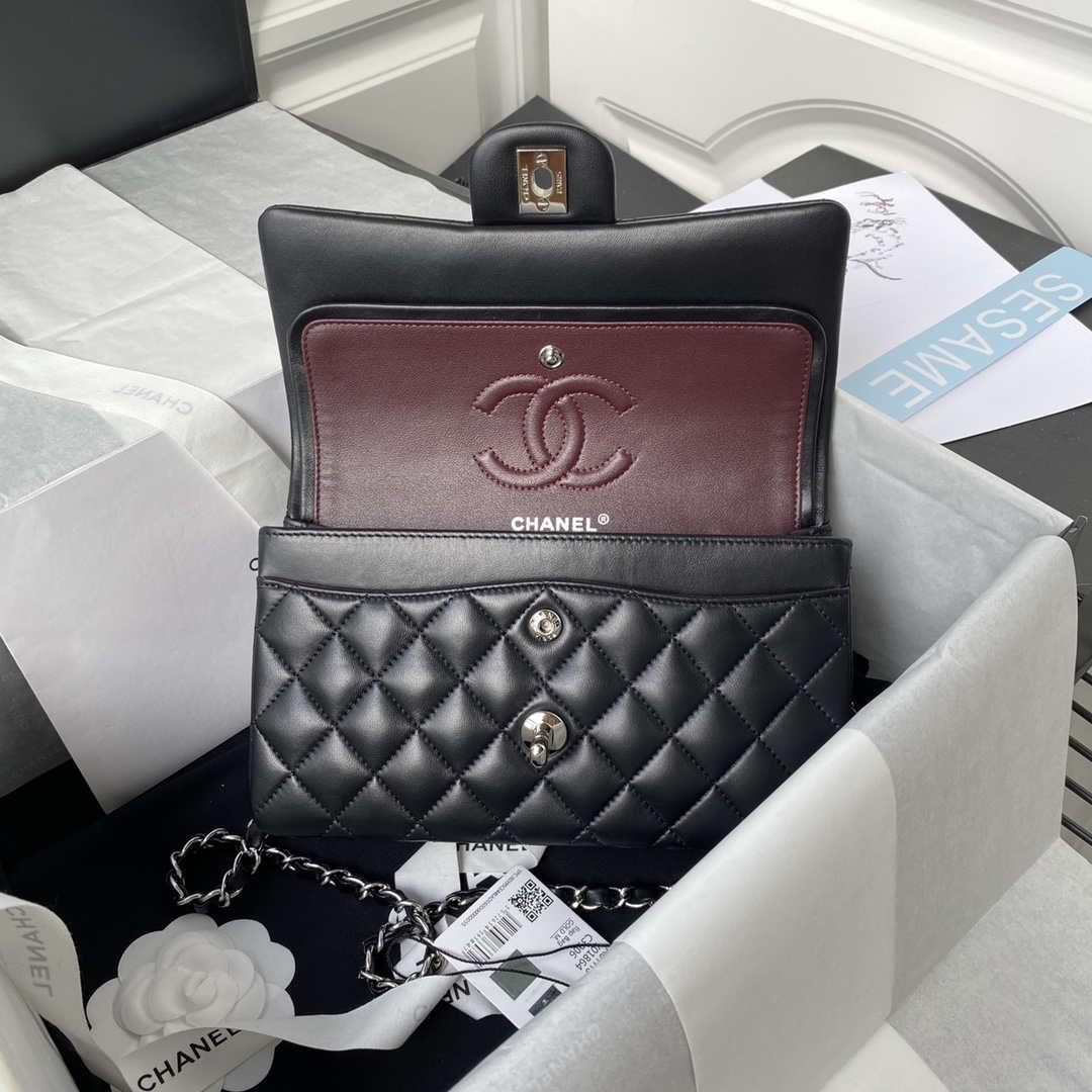 Chanel A01113 Flap Handbag Classic Bag Black Lambskin Silver