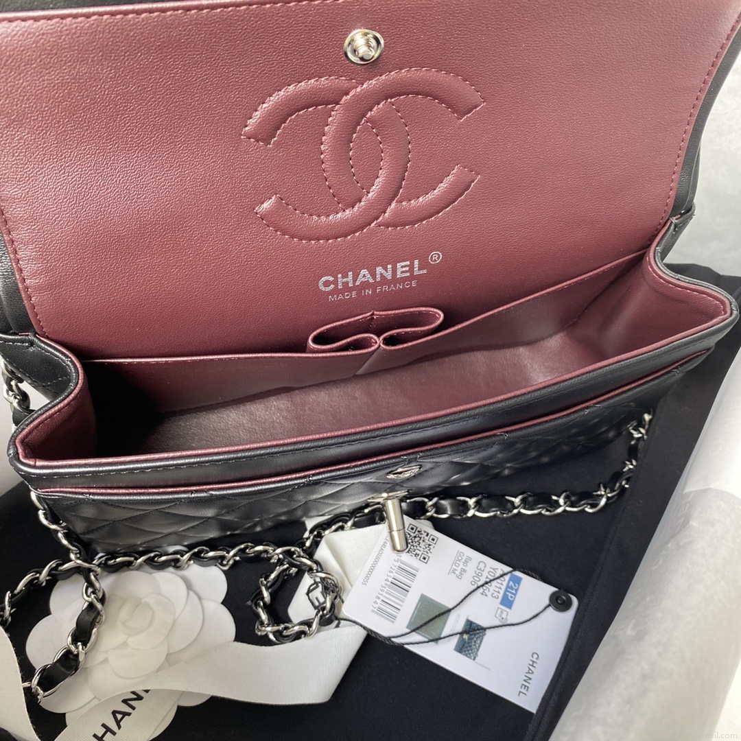 Chanel A01113 Flap Handbag Classic Bag Black Lambskin Silver