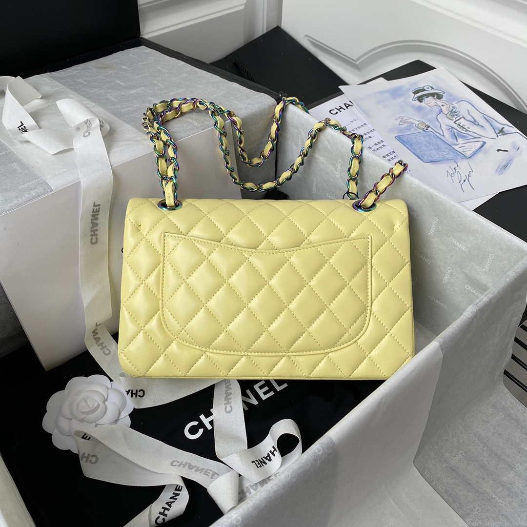 Chanel A01113 Flap Handbag Classic Bag Yellow Lambskin with Blue Hardware