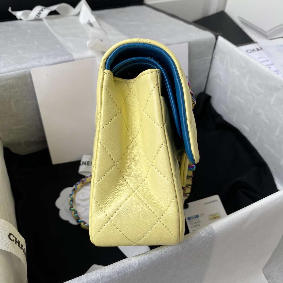 Chanel A01113 Flap Handbag Classic Bag Yellow Lambskin with Blue Hardware