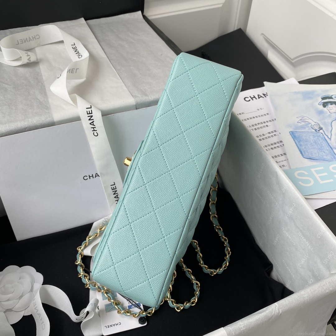 Chanel A01113 Flap Handbag Classic Bag Grained shiny Calfskin Lake Blue Gold