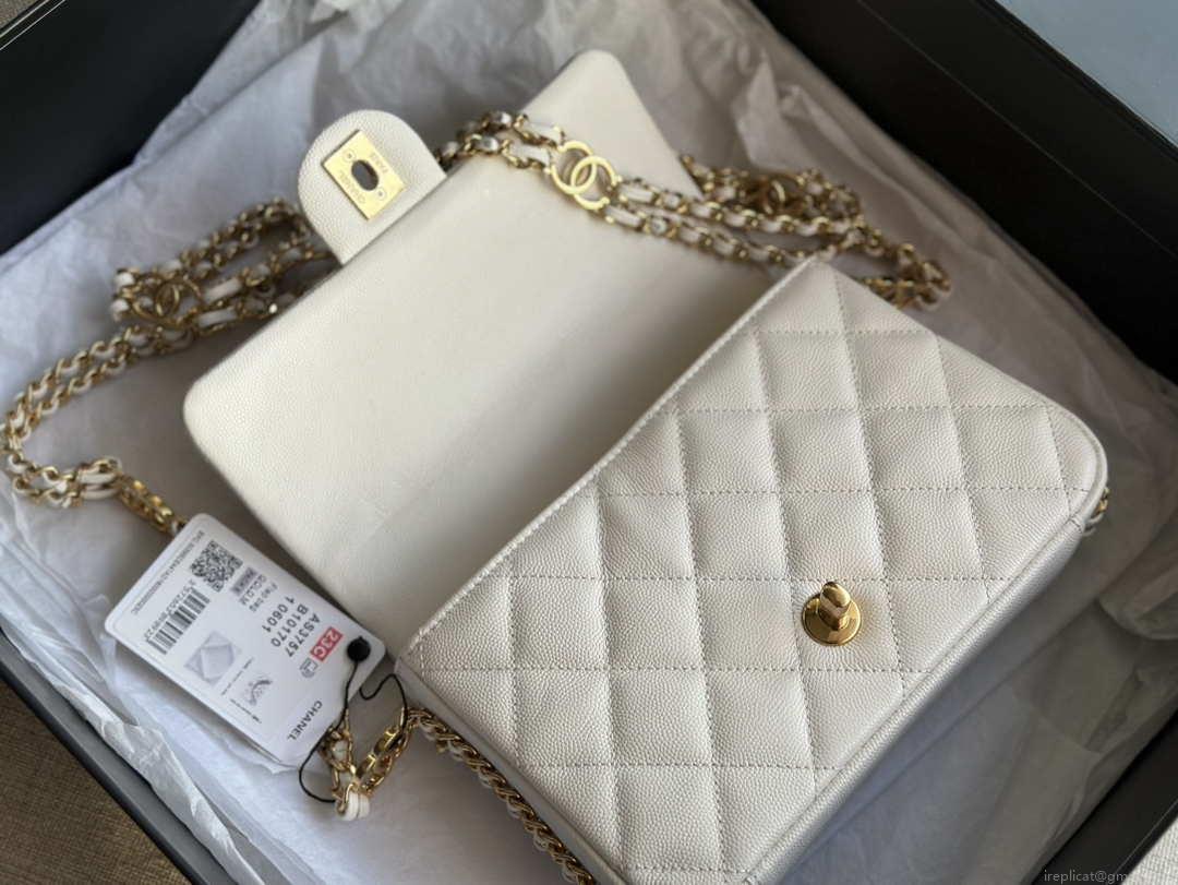 Chanel AS3757 Mini Flap Bag Grained Calfskin & Gold-Tone Metal White