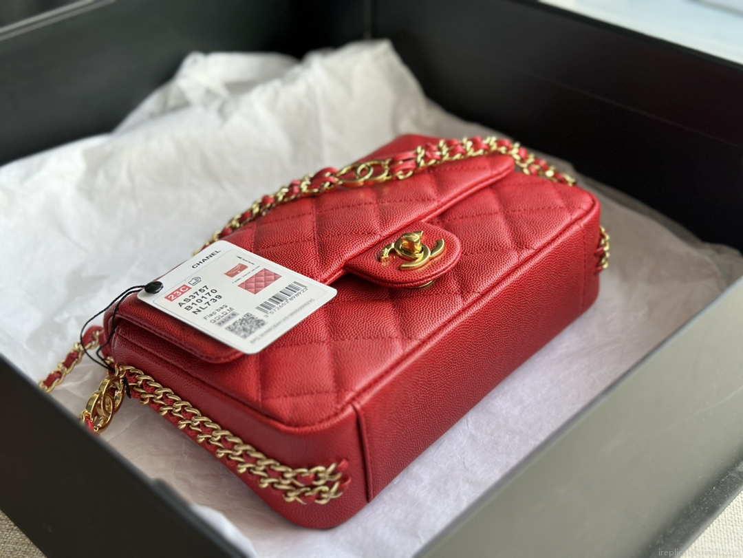 Chanel AS3757 Mini Flap Bag Grained Calfskin & Gold-Tone Metal Red