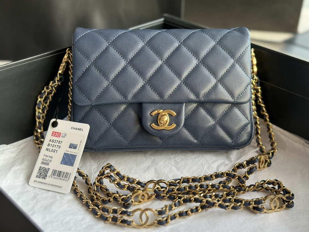 Chanel AS3757 Mini Flap Bag Grained Calfskin & Gold-Tone Metal Navy Blue