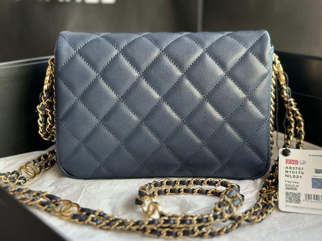 Chanel AS3757 Mini Flap Bag Grained Calfskin & Gold-Tone Metal Navy Blue