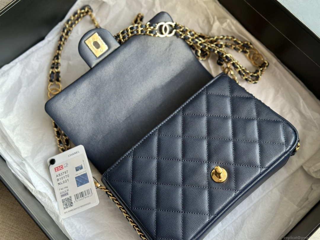 Chanel AS3757 Mini Flap Bag Grained Calfskin & Gold-Tone Metal Navy Blue