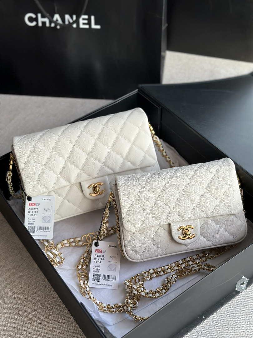 Chanel AS3777 Flap Bag Grained Calfskin & Gold-Tone Metal White