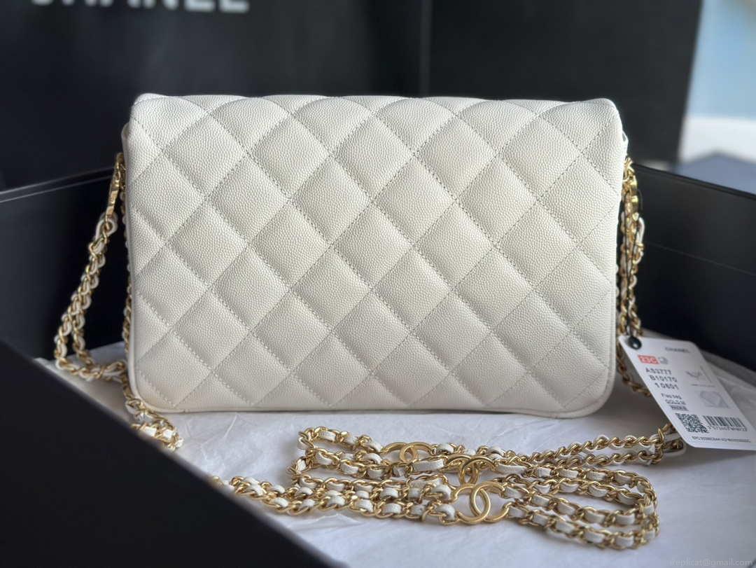 Chanel AS3777 Flap Bag Grained Calfskin & Gold-Tone Metal White