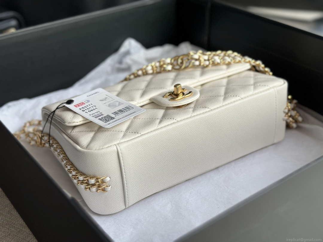 Chanel AS3777 Flap Bag Grained Calfskin & Gold-Tone Metal White