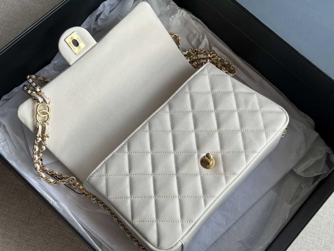 Chanel AS3777 Flap Bag Grained Calfskin & Gold-Tone Metal White