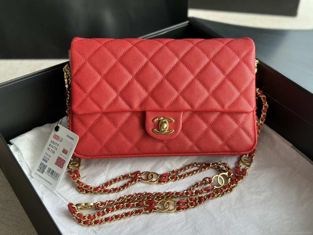 Chanel AS3777 Flap Bag Grained Calfskin & Gold-Tone Metal Red