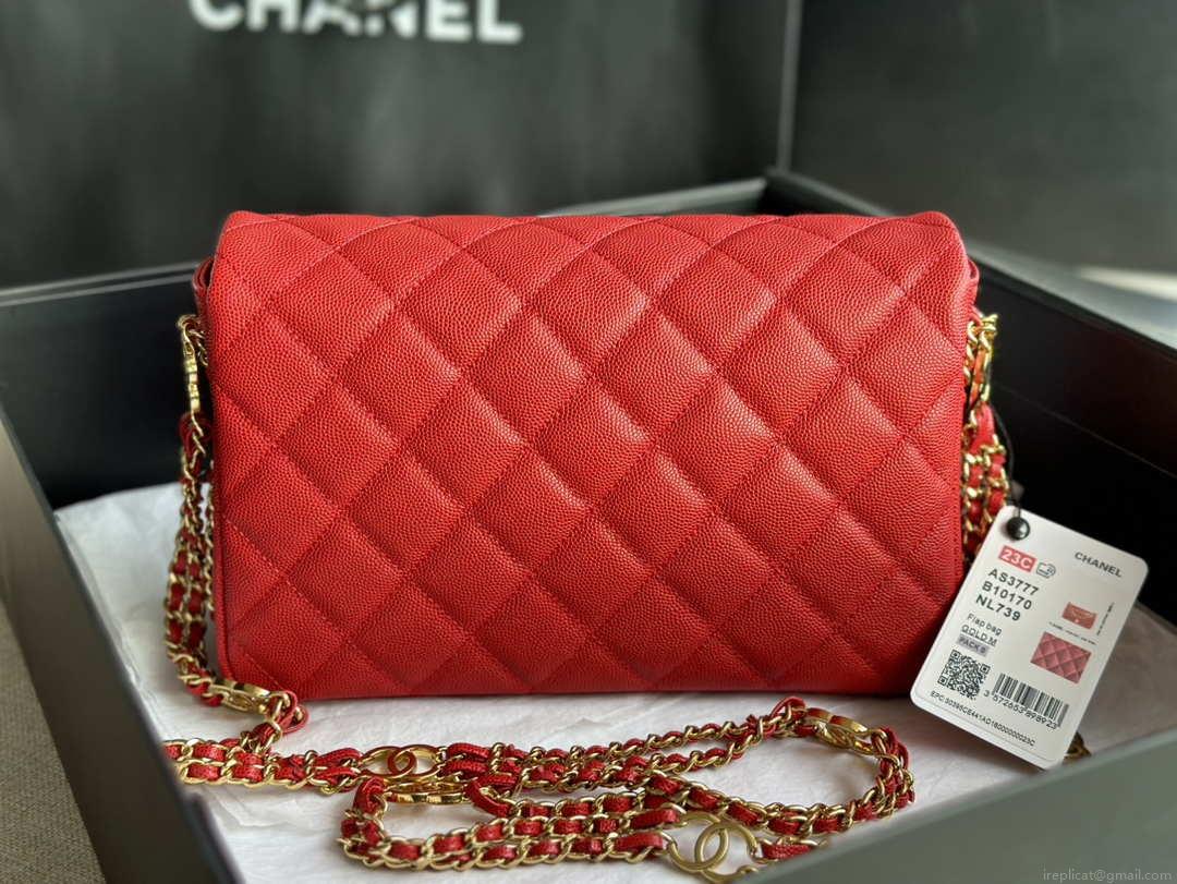 Chanel AS3777 Flap Bag Grained Calfskin & Gold-Tone Metal Red