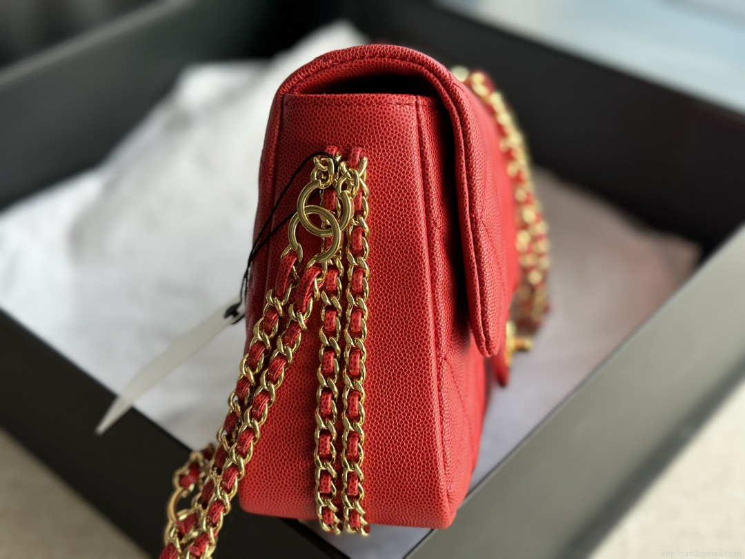 Chanel AS3777 Flap Bag Grained Calfskin & Gold-Tone Metal Red