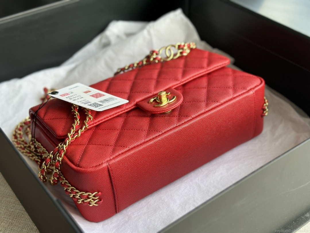 Chanel AS3777 Flap Bag Grained Calfskin & Gold-Tone Metal Red