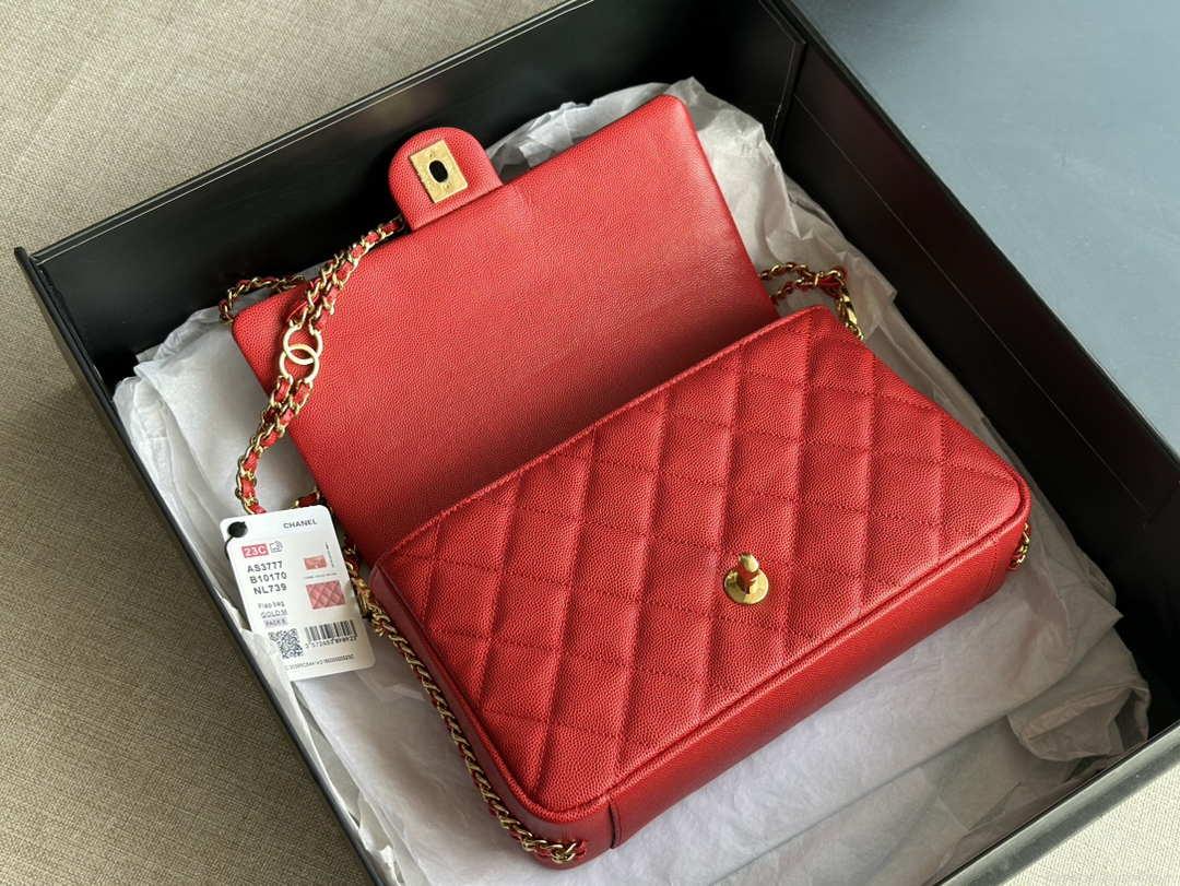 Chanel AS3777 Flap Bag Grained Calfskin & Gold-Tone Metal Red