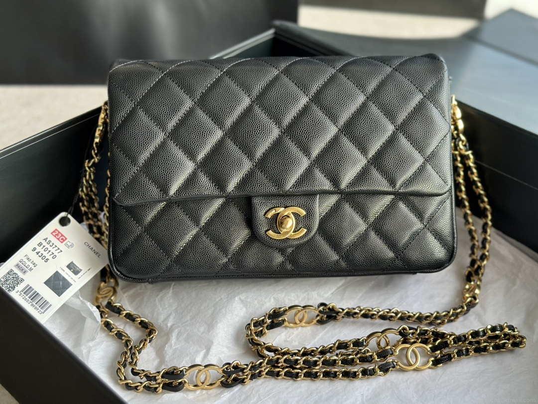 Chanel AS3777 Flap Bag Grained Calfskin & Gold-Tone Metal Black