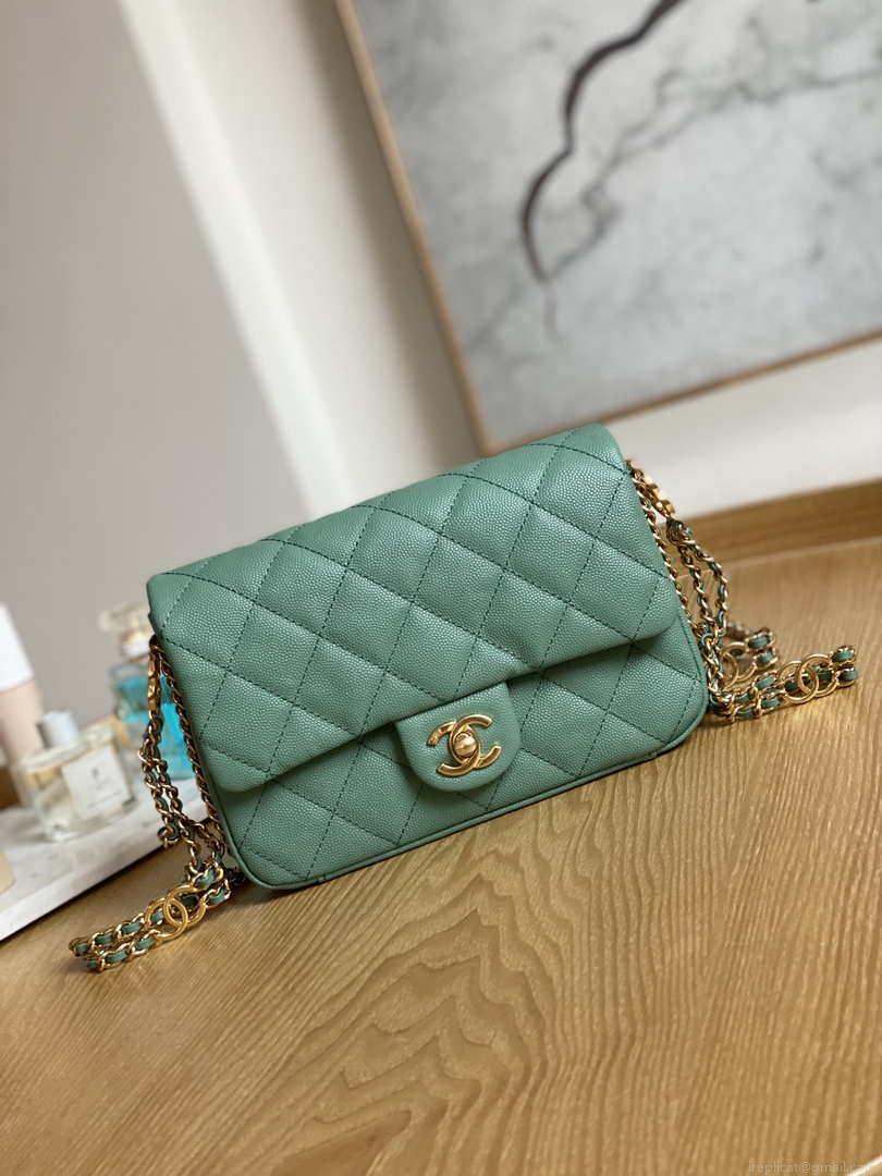 Chanel AS3757 Mini Flap Bag Grained Calfskin & Gold-Tone Metal Green