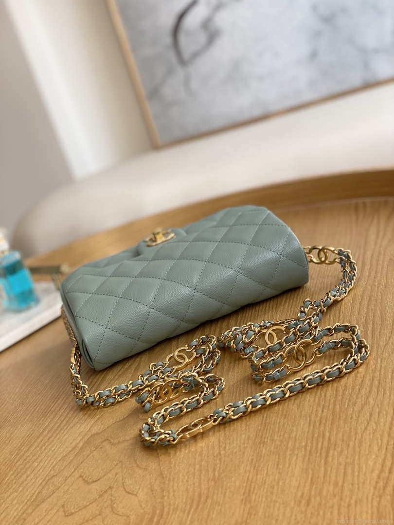 Chanel AS3757 Mini Flap Bag Grained Calfskin & Gold-Tone Metal Light Green